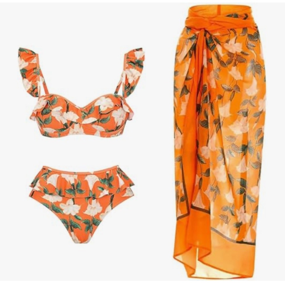 Floral Orange Bikini Set with Sarong